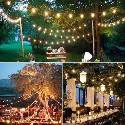 Outdoor spaces lit with Outdoor String Lights 48Ft With 25 G40 Shatterproof LED Bulbs Waterproof Hanging Lights For Backyard Porch Deck Garden Party One Spare Bulb Dimmable With Dimmer Or Smart Control.
