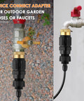 Copper Drip Irrigation Faucet Adapter Kit For Home Gardens With 25 PSI Backflow Preventer Filter Plumbers Tape And Pressure Regulator Plus Quick Connect From One Quarter Inch Tubing To Three Quarter Inch Garden Hose installed on faucet