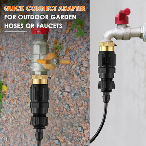 Copper Drip Irrigation Faucet Adapter Kit For Home Gardens With 25 PSI Backflow Preventer Filter Plumbers Tape And Pressure Regulator Plus Quick Connect From One Quarter Inch Tubing To Three Quarter Inch Garden Hose installed on faucet