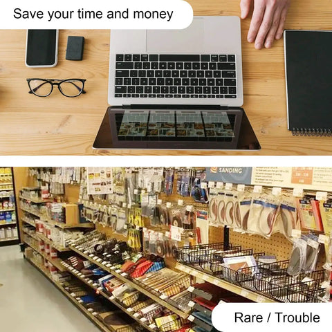 Top image shows a person working on a laptop at a desk; bottom image shows rows of hardware tools in a store.