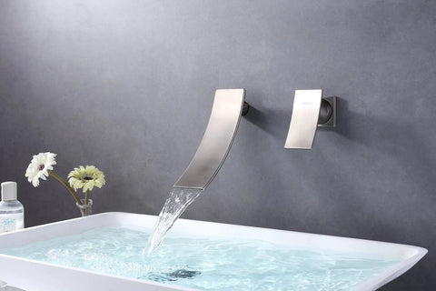 Wall Mount Bathroom Faucet With Waterfall Spout In Brushed Nickel, Single Handle Sink Faucet For A Sleek Dope Look, ICC-ES PMG Certified
