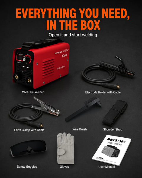 132A 110V Arc Welder With IGBT Inverter Hot Start Arc Force Anti Stick Portable Mini Welder with accessories on black background