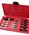 Universal Harmonic Balancer Pulley Installer And Puller Set With Thirteen Adapters in red case for car and light truck crankshaft applications.