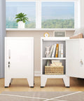 Heavy Duty Metal Nightstand With Totally Lockable Doors And Adjustable Shelves, Super Slick Under Desk Steel Storage Unit, Secure Locker Cabinet For Easy Home Office Organization next to a sofa with open shelves.
