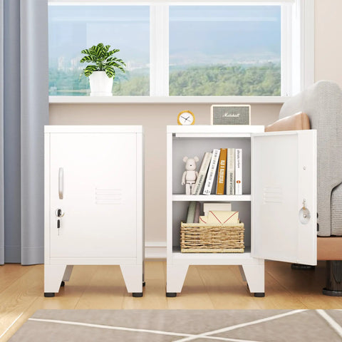 Heavy Duty Metal Nightstand With Totally Lockable Doors And Adjustable Shelves, Super Slick Under Desk Steel Storage Unit, Secure Locker Cabinet For Easy Home Office Organization next to a sofa with open shelves.