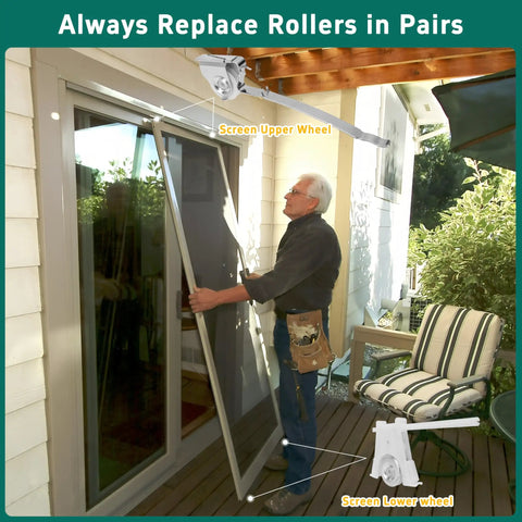 Man installing the Four Pack Sliding Screen Door Roller Assembly With 1-1/4 Inch Concave Nylon Wheels for smooth operation.