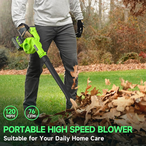 Man using Cordless Leaf Blower With Battery And Charger, 20V Electric Blower Delivers 120 MPH Power for lawn care