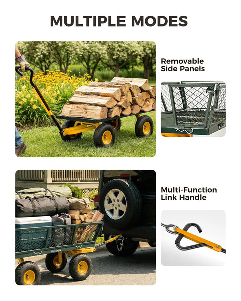 Heavy Duty Steel Garden Cart With 880 Lbs Capacity On Wheels Utility Wagon Removable Mesh Sides Convert To Flatbed Detachable Handle