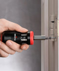 Person using Stubby Ratcheting Screwdriver Kit With 14-In-1 Mini Bit Set Including Flathead, Hex, Torx, Square, And Pozidriv Tips Compact Black And Red Dope Handy Tool For Quick Fixes And Electronics Projects on a door hinge