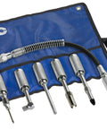 Must Have Quick Connect Greasing Accessory Kit 7 Piece Set With Recessed Lube Adapter displayed on blue tool pouch