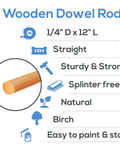 Dead Smooth Finish 1/4 Inch By 12 Inch Wooden Dowel Rods Pre Sanded Bark Free Hardwood Craft Sticks showing birch wood construction details.