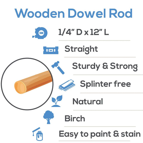 Dead Smooth Finish 1/4 Inch By 12 Inch Wooden Dowel Rods Pre Sanded Bark Free Hardwood Craft Sticks showing birch wood construction details.