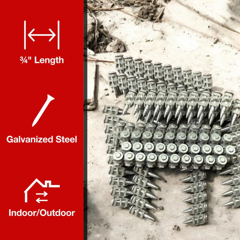 Stack of three quarter inch concrete nails for BX4 1000 nailers heavy duty flat head shoot drive design X C 20 B4 MX