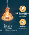 MR16 Halogen Light Bulbs 20W 12V, 10 Pack, GU5.3 Bi Pin, Dimmable, 2700K Warm White, hanging with glass cover in dark room.