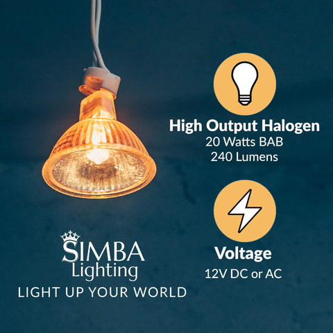 MR16 Halogen Light Bulbs 20W 12V, 10 Pack, GU5.3 Bi Pin, Dimmable, 2700K Warm White, hanging with glass cover in dark room.