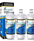 Three replacement filters for refrigerator with branding, next to packaging box, compatible with multiple filtration systems.