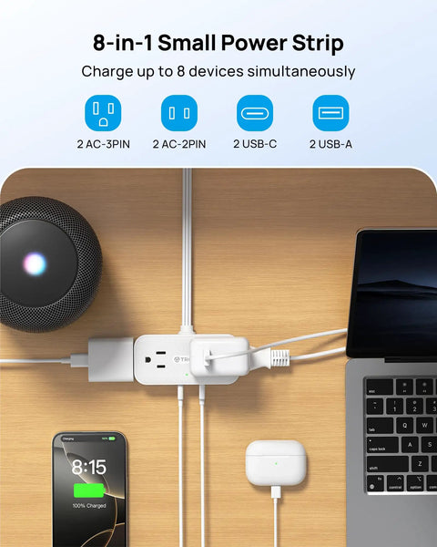 Flat Plug Power Strip With 8 In 1 USB Ports And Wall Mount 4 AC Outlets 2 USB C 2 USB A 5 Foot Extension Cord 1250 Watt Surge Protector