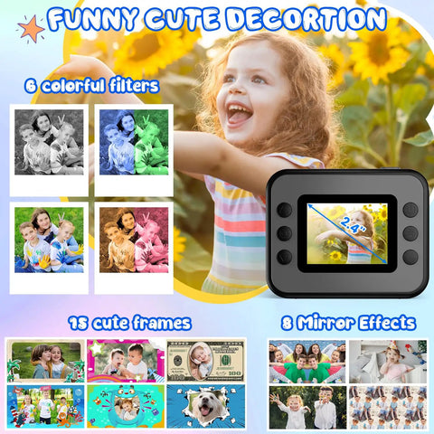 Instant Print Kids Camera For Fun Photos And Videos 10X Digital Zoom 2.4 Inch LCD Screen Flashlight Time Lapse Burst Mode DIY 21 Cute Frames 8 Mirror Effects 6 Filters showing filter and frame examples
