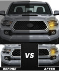 Toyota Tacoma Drop-In Full LED Side Marker Bumper Light Kit With Switchback White DRL And Amber Sequential Turn Signal Replacement LED Side Marker Kit For 2016 Through 2023 before and after installation on truck