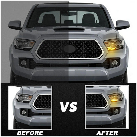 Toyota Tacoma Drop-In Full LED Side Marker Bumper Light Kit With Switchback White DRL And Amber Sequential Turn Signal Replacement LED Side Marker Kit For 2016 Through 2023 before and after installation on truck