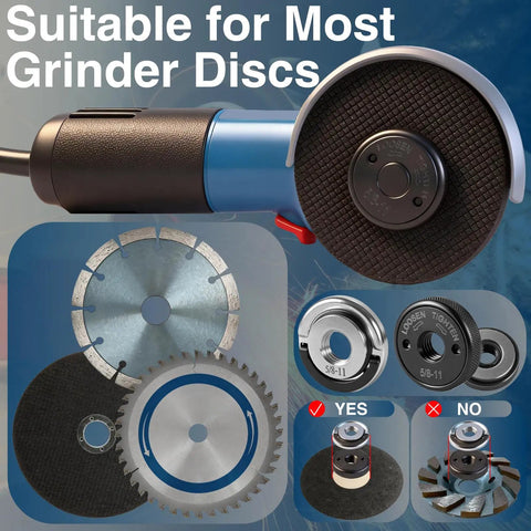 2 Pack 5/8-11 Angle Grinder Flange Nuts With Tool Free Quick Release Locking Kit shown attached to grinder and discs