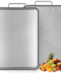 Front view of ANYZONE stainless steel cutting board, 17x11 inches, double-sided with handles; smooth surface