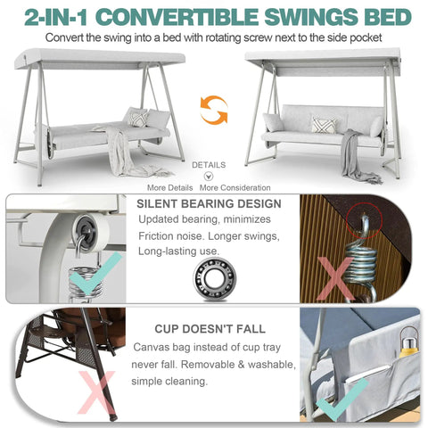 2-in-1 convertible swings bed with canopy showing silent bearing design and cup holder, part of 3 to 4 person outdoor patio swing