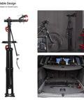 Pro Grade Bike Repair Stand For Road And Mountain Bikes With Four Leg Stability, compact foldable design for storage in car trunk.