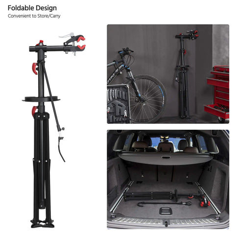 Pro Grade Bike Repair Stand For Road And Mountain Bikes With Four Leg Stability, compact foldable design for storage in car trunk.