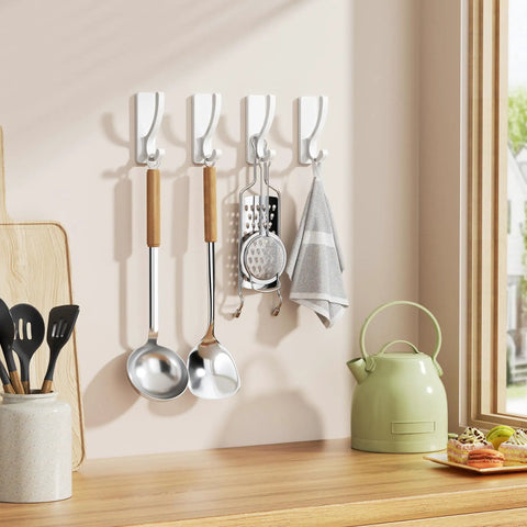 Heavy Duty Adhesive Wall Hooks 13Lb Aluminum No Damage To Wall Four Pack For Towels Coats Purses Robes Bags Doors Bathrooms Dorm Closets White Rustproof Waterproof Coating Sticks To Smooth Surfaces Ideal For Rentals holding kitchen utensils