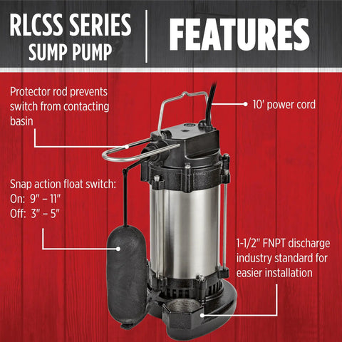 Heavy-Duty 3/4 HP 115V Stainless Steel Sump Pump With Snap-Action Switch, 10 ft power cord, 1.5 inch FNPT discharge