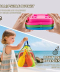 Packable Collapsible Beach Toys for Kids and Toddlers Three Pack Foldable Silicone Sand Buckets with Shovels and Mesh Storage Bag displayed