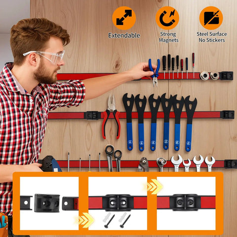 Person using 18-Inch Magnetic Tool Holder Strip Set, 4-Piece Red Metal Tool Organizer Rack With Stainless Steel Surface, Magnetic Bars For Garage Or Workshop, Easy To Install With Mounting Screws And Connectable Design