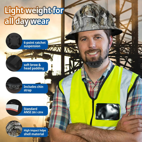 Full Brim HDPE Safety Hard Hat With 6 Point Ratchet Suspension OSHA Compliant Lightweight Built Tough Work Helmet For Men And Women Camouflage Black Gray Ideal For Construction Sites And Outdoor Projects