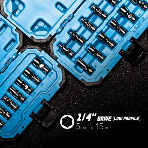 1/4 Inch Drive Universal Socket Set, 5-15 Millimeter Metric, 12-Piece, in open blue case, showing organized chrome vanadium steel sockets