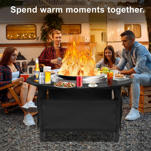 37 Inch Fire Pit Surround Tabletop For Solo Stove Bonfire Ranger 2.0 with Circular Safety Barrier and snacks outdoors