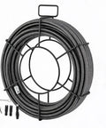 Heavy Duty 100ft Drain Snake With Quick Change Cutter Heads Power Drill Compatible Sewer Auger cable on holder for clearing blockages.