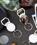 10 Pack Sublimation Bottle Opener Keychains for Heat Transfer Printing Blank Metal Key Rings displayed with bottles