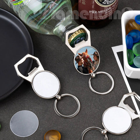 10 Pack Sublimation Bottle Opener Keychains for Heat Transfer Printing Blank Metal Key Rings displayed with bottles
