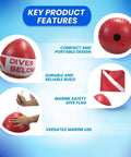 Red Diver Below Inflatable Signal Floater With Dive Flag For Ultimate Water Safety And Visibility 13 Inch Diameter 12 Inch By 11 Inch Flag Durable Easy To Use Gear features