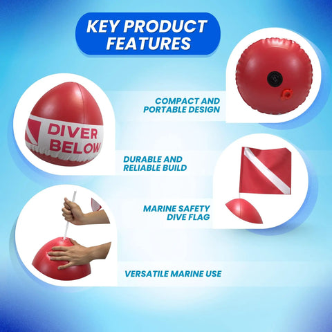 Red Diver Below Inflatable Signal Floater With Dive Flag For Ultimate Water Safety And Visibility 13 Inch Diameter 12 Inch By 11 Inch Flag Durable Easy To Use Gear features