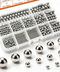 550 Piece Stainless Steel Precision Bearing Balls Kit With 11 Sizes From 0.5mm To 5.5mm For Bike Bearings And DIY Repair Projects A Handy Gearhead Ball Set For Small Mechanical Jobs. stainless steel bearing balls in labeled organizer tray