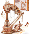 3D Wooden Puzzle Harp Music Box With Mechanical Movement Building Kit Dope Gears That Pluck Strings To Play Ave Maria Perfect Gift For Adults And Women Elegant Desk And Shelf Decor. Wooden harp music box kit with box, front view