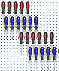 Pro Grade Pegboard Tool Holder Set With Ring Style Hooks For Screwdrivers Pliers And Small Tools Six Organizer Racks For Pegboard Easy Install Silver showcasing red and blue screwdriver arrangement.