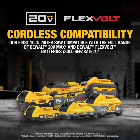 Dewalt 20V Max and FlexVolt batteries for 20V Max XR 10 Inch Double Bevel Fixed Miter Saw compatibility showcase.