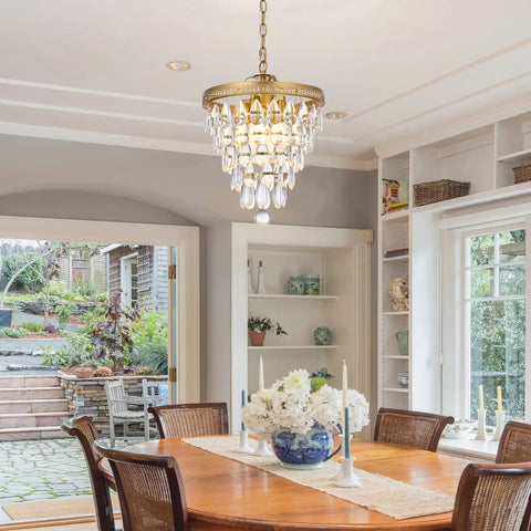 Crystal Chandelier For Dining Room Modern Vintage Gold Pendant Light Fixture With Four Lights Kitchen Island And Bar Area Bedroom Or Entryway Lighting Elegant Raindrop Crystal Luxe Vibe For A Timeless Glamorous Home installed over dining table