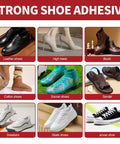 Collage of various footwear including leather shoes, high heels, boots, sneakers, sandals, highlighting strong shoe adhesive use.