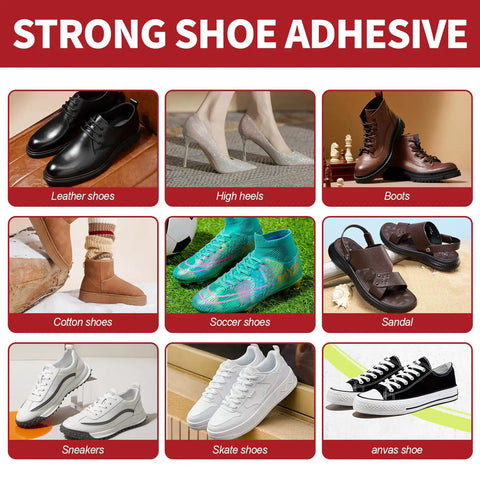 Collage of various footwear including leather shoes, high heels, boots, sneakers, sandals, highlighting strong shoe adhesive use.