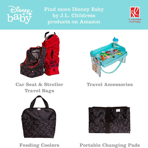 Disney Baby travel accessories including car seat bags, coolers, changing pads by J.L. Childress. No Cups N Cargo Stroller Caddy Organizer With Cup Holder For Any Stroller Universal Fit Durable Mesh Storage Pockets Travel Essential For Parents On The Go Mickey Mouse Black visible.