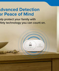 Carbon Monoxide Detector With 10 Year Battery Powered Design, LED Status Indicators, 85 dB Alarm, on tabletop.